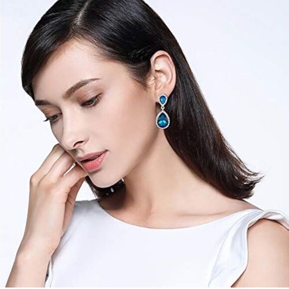 Silver with Aquamarine Blue and Diamond Austrian Crystal Teardrop Post Earrings - Picture 3 of 4